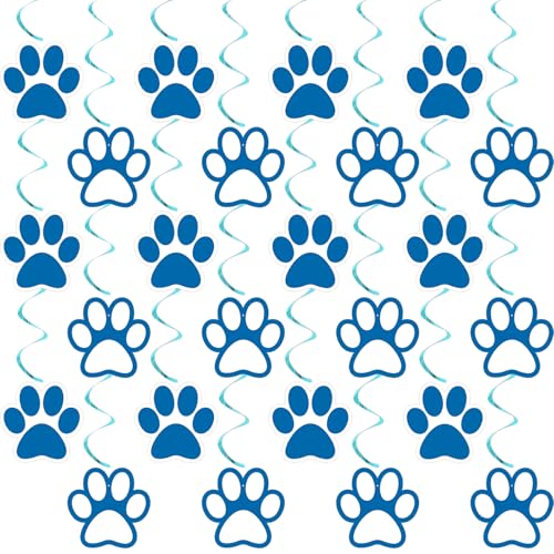 Image of 24 Pcs Dog Paw Prints Themed Party Hanging Swirl Blue White Puppy Birthday Decorations Banners Paw Prints Ceiling Streamers for Pets Birthday Baby Shower Party Favors Supplies