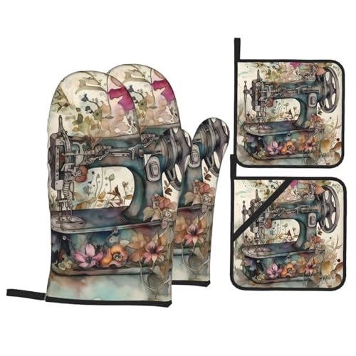 Vintage Frenc Sewing Machine and Flower Art Baking Kitchen Mitts