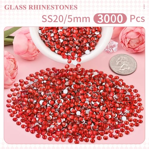 Image of 3000PCS SS20 /5mm Crystal Glass Rhinestones for Bedazzling (Light Red) | Flatback Rhinestones for Crafting DIY Nail Makeup Decoration, Light Siam Gems Diomand Charms for Tumbler Shoes Clothing Mug