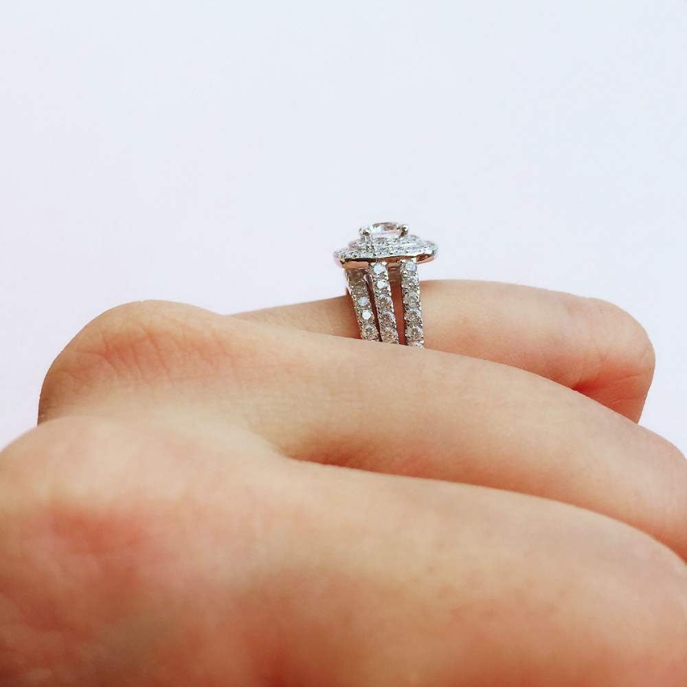 Silver Accented Bridal Ring Band Set Round Double Halo Engagement Ring Anniversary Wedding Infinity Love