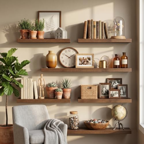 Image of Fun Memories 30 Inch Floating Shelves for Wall, Walnut Wood Wall Mounted Shelf with Invisible Bracket, 10 Inch Deep Large Shelves for Living Room Bathroom Bedroom, Set of 3