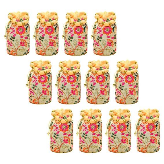 AT Traders White Golden Floral Design with Big Beads Handle Potli Batwa Bag Bridal Purse Women Handbag Shagun Pouch Return Gifts Beads Handle, (Pack of 12)-image-32