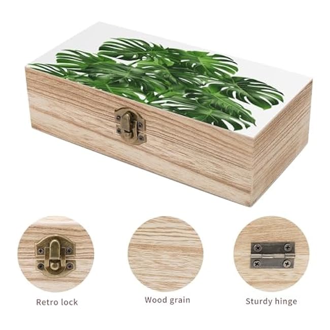 Wooden Storage Box with Hinged Lid, 7.9 X 3.7 X 2.3 Inches, Monstera Deliciosa Banana Palm Printed Paulownia Wood Box, Suitable for Crafts, Decoration And Home Keepsake Box.