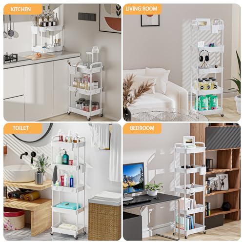 Image of 5 Tier Rolling Utility Cart with Handle,REBECAT Utility Cart Made of Multifunctional Storage Organizer Tool for Kitchen,Bathroom,Living Room,Office(White)