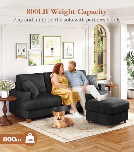 Image of 87 inch L shape Corduroy Couch, Sofa No Tool Assembly, Comfy Couches for Living Room 21in Deeper Seats, Corduroy Sofas for Living Room with 2 Pillows, Oversized Loveseat Sofa, Boho Love Seat, Black