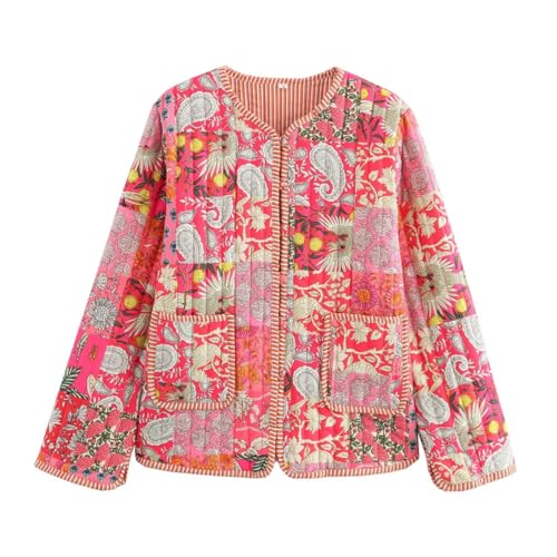 Women's Vintage Color Contrast Printed Splicing Cotton Jacket Casual Long Sleeve Quilted Coats3