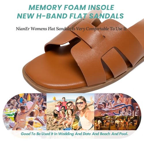Image of NianEr Womens Microfiber Leather Memory Foam H Sandals Summer Shoes Slides | Flat, Comfortable, Slip On, Dressy, Dress, Beach, Vacation, Designer, Comfy, Casual, Bridal, Church, Boho, Office, Work