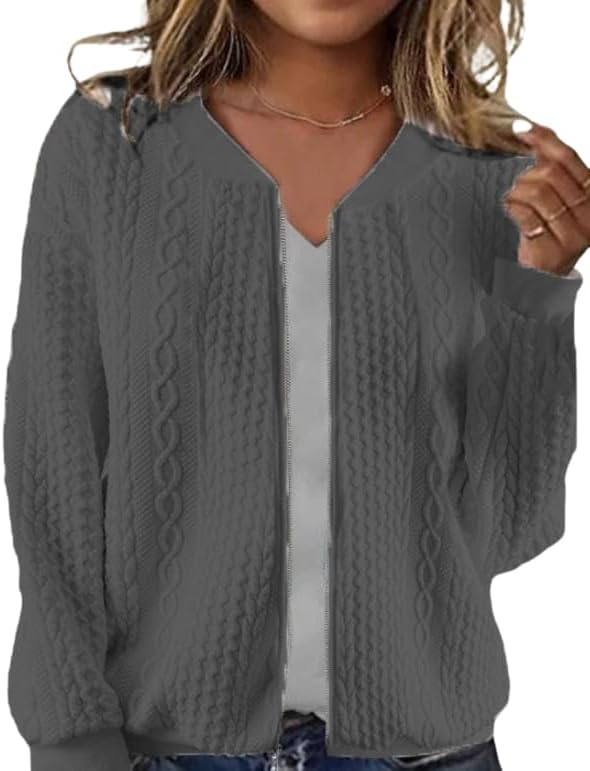 Cardigan Sweaters for Women Long Sleeve Zip Up Jackets Solid Crewneck Winter Daily Wear Outwear Coat