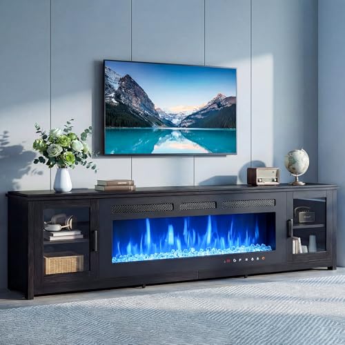 MXV 90 Fireplace TV Stand Modern Entertainment Center with 60 Inch Electric Fireplace Adjustable Shelf & Glass Door Fire Place TV Console for Living Room Black