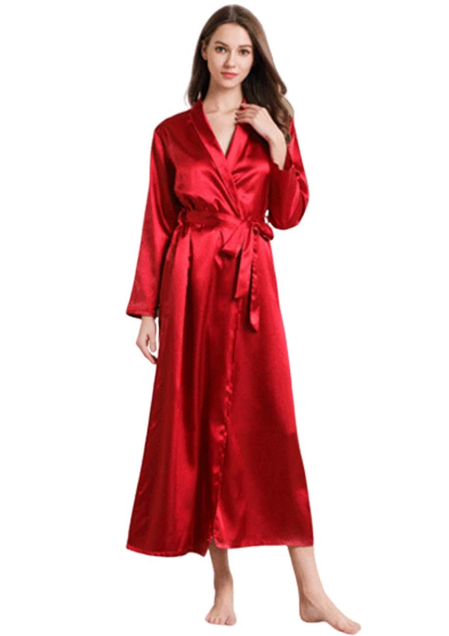 [GL SUIT] Women's Dressing Gown Satin Kimono Robe Spring and Summer Bathrobe Sleepwear Long Sexy V-neck Negligenite Gown Pajamas Chemise XL Red