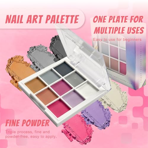 Image of 9 Colors Pigment Powder for Nails, Ombre Aura Nail Pigment Powder Palette Set and Nail Art Sponges with Grabbing Pen, Pigmentos para Unas, A