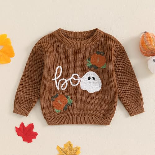 Little Boy Girl Halloween Sweater Pumpkin Ghost Print Crew Neck Long Sleeve Pullover Knit Tops for Winter Fall2