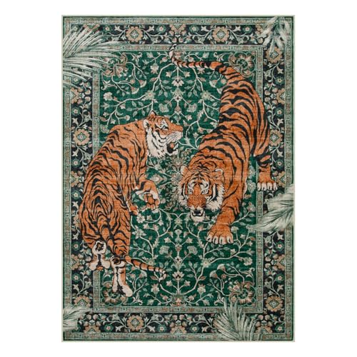 Moynesa Tiger 5x7 Area Rug, Boho Washable Living Room Rug, Non Slip Green Rugs for Bedroom, Ultra Thin Vintage Soft Stain Resistant Throw Floor Carpet for Office Dining Room