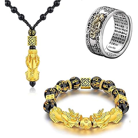 poceton Feng Shui Pixiu Bracelet 3 Set, Good Luck Pixiu Pendant Necklaces, Black Obsidian Feng Shui Wealth Bracelets and Adjustable Hand Carved Mantra Amulet Ring Lucky Bracelets Set (Set A) Cover