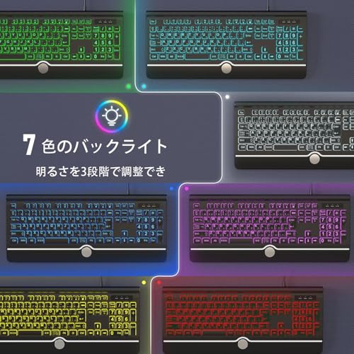 BERGUF 大きめの文字のバックライト付きキーボード、静かなUSB有線コンピューターキーボード、光るホワイトLED付きフルサイズキーボード Windowsデスクトップ、ノートパソコン、PC、ゲームに対応、ブラック (特大)