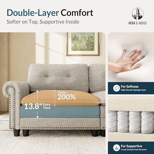 Image of HERA'S HOUSE Modular Sectional Sofa Set for Living Room 3-Piece Deep Seats | Mid-Century Modern 6-Seater Cloud Sofa Set, Light Grey, Rolled Arms & Nailhead Trim, Wider Seats, Soft Linen Furniture Set