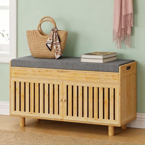oakvivo 35.4in Shoe Storage Bench, Bamboo Entryway Bench with Lift Top Storage & Padded Seat Cushion, 2-Tier Shoe Rack Cabinet with 2 Doors for Entryway, Living Room, Bedroom, Mudroom, Natural