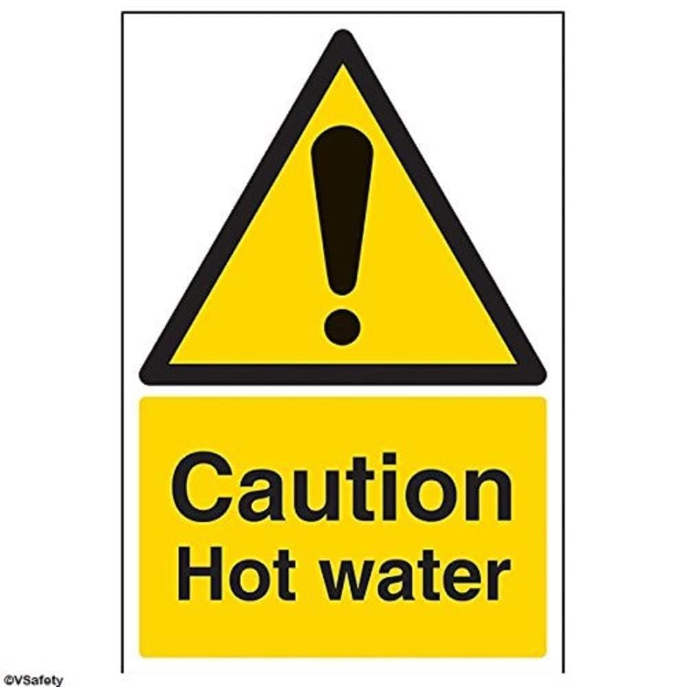V Safety Caution Hot Water Warning Sign - 200mm x 300mm - Self Adhesive Vinyl
