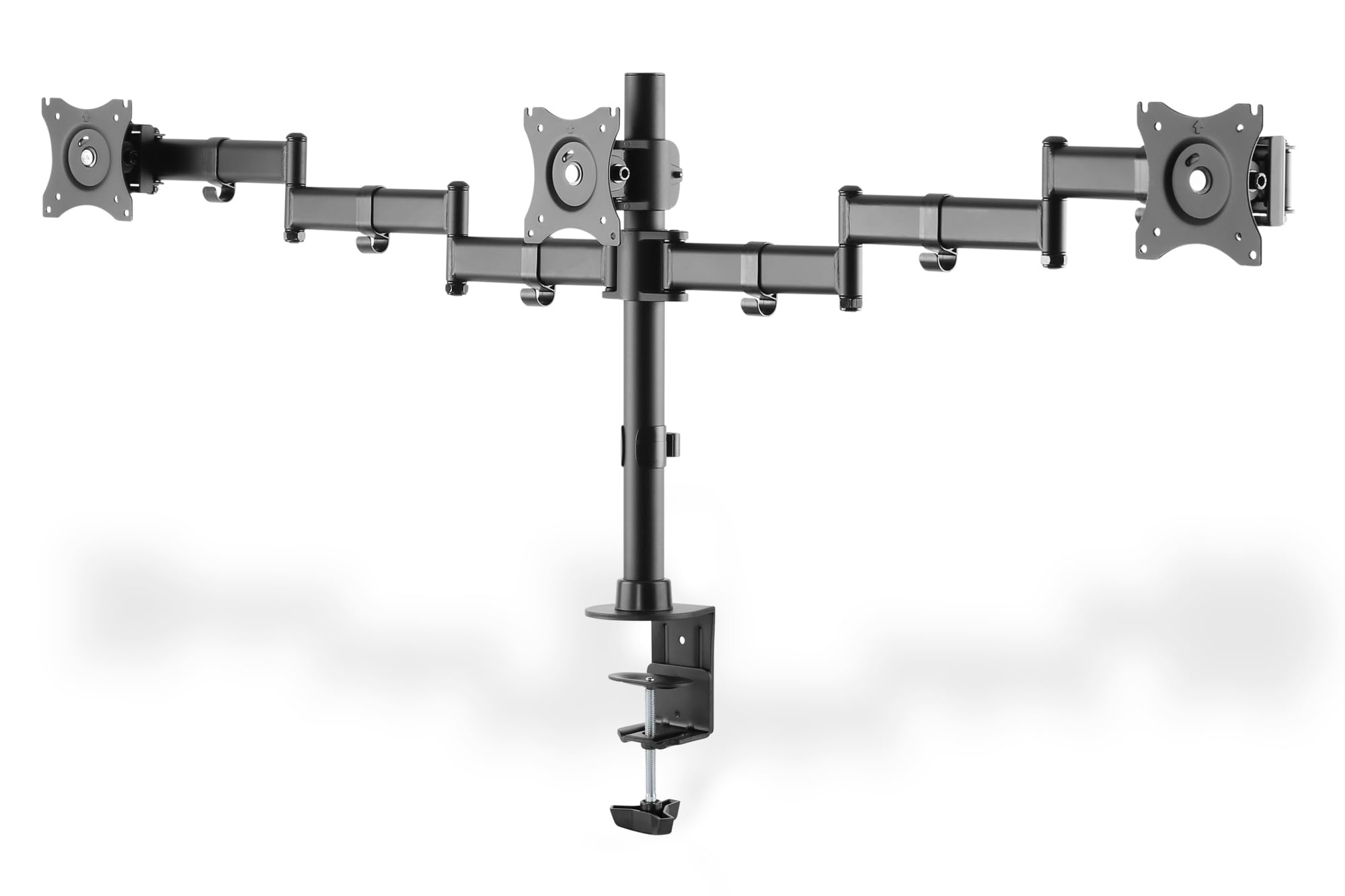 DIGITUS Soporte para 3 monitores – Hasta 27 pulgadas | Carga máxima de hasta 3 × 8 kg – Soporte de mesa – Montaje VESA 75 x 75 y 100 x 100 – gestión de cables integrada – Negro