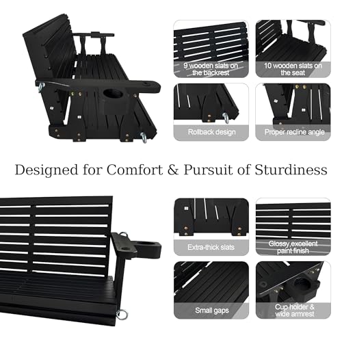 Image of Fortune Candy Wooden Porch Swing 3-Seater, with Cupholders, Chains and Springs, Heavy Duty 880 LBS (Iron Black, 5 FT Extra Large)