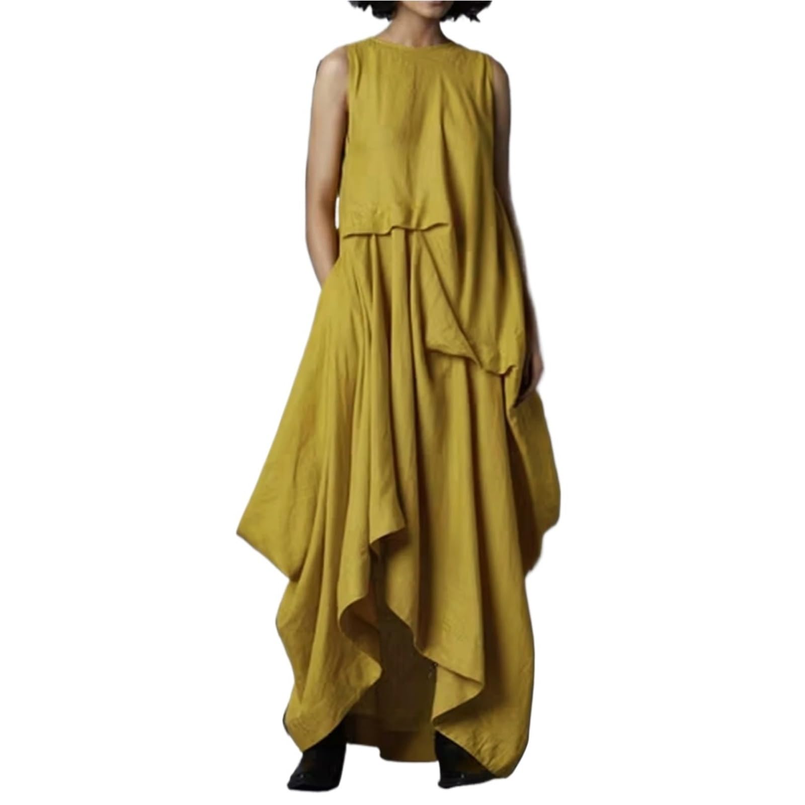 Vestido Sin Mangas Vestido de Verano con Bolsillos for Mujer, Cuello Redondo botón en la Espalda, Irregular, Largo, Elegante e Informal, Suelto, sin Mangas para la Mujer