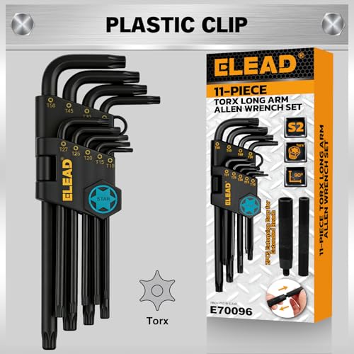Image of ELEAD 11-Piece Torx Star Allen Wrench Set with Extension Bar, Long Arm Torx Key Set T10-T50, Heat-Treated S2 Steel