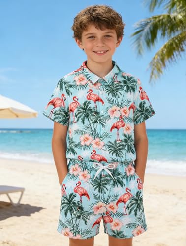 Image of UNICOMIDEA Boys Hawaiian Outfits Tropical Print Button Down Shirt + Swim Trunks 2 Piece Sets for 5-12T Kids