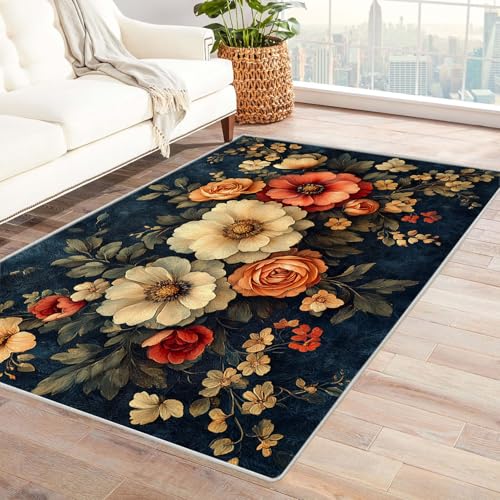 JOSUE 3D 洗えるカーペット 海 花 北欧 モダン 柔らか ラグ 洗える フロアマット 滑り止め carpet(青 1)-150x210cm