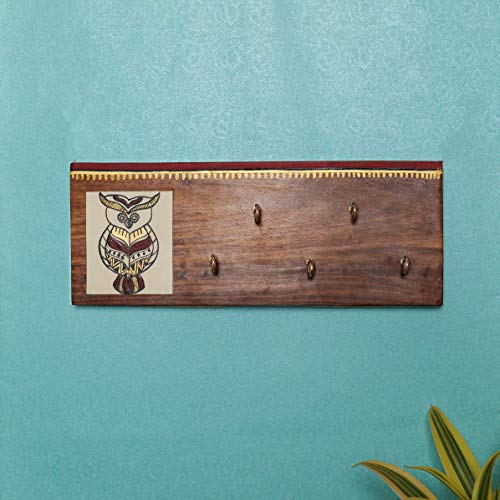 Image of Artysta 'Owl on Plank' Wooden Key Holder for Wall Stylish Decorative Keychain Holder Key Hanger for Home Decor (5 Hooks)