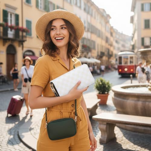 Image of Beige Checkered Double Zip Wallet for Women - Large Capacity Classic Plaid Clutch with Smooth Zippers, Travel Card Holder Purse