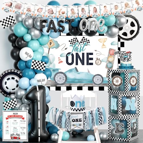 Fiesec Fast One Birthday Decorations for Boys 1st Birthday Decorations Boy Vintage Car Themed Backdrop Balloon Banner Boxes Crown Poster for Retro Blue First Party Supplies