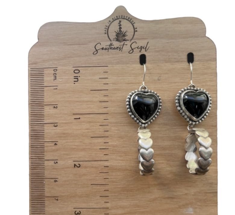 Miniatura 4 de Sterling Silver 925. Large Onyx Chunky Southwest Infinity Heart Dangle French Hook Earrings. Made in the heart of New Mexico.