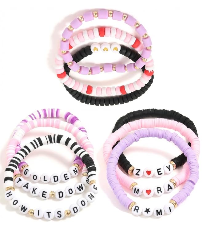 9 Pcs Kpop Crystal Bracelets for Women Girls, Demon Hunters Inspired Stackable Stretch Bracelet, Music Fan Merch Jewelry, Anime Character Theme Friendship Bracelets for Cosplay Concert Accessories