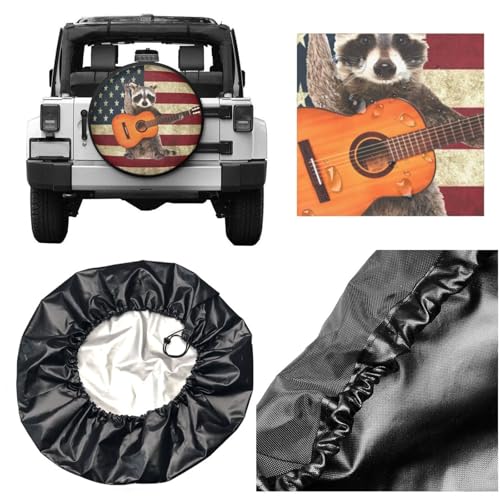 Image of Music Raccoon Spare Tire Cover for Rv Trailer Camper Truck SUV - Cute Raccoon Animal Wheel Protectors Cover Waterproof Fabric for Travel Camping Outdoor,Universal Fit,17 inch