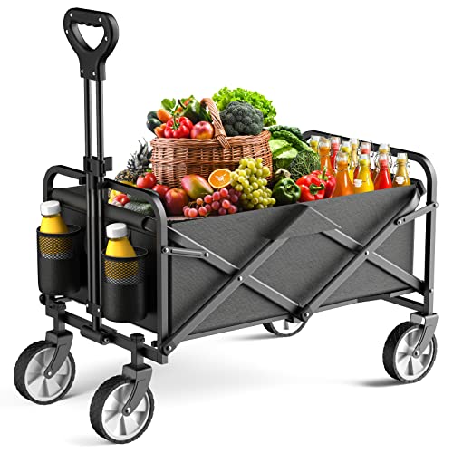 Collapsible Wagon Cart Folding Cart, Utility Wagon Cart Heavy Duty with 200LBS Large Capacity, Foldable Grocery Wagon for Beach Garden Camping Shopping Sports (Black, 1 Year Warranty)