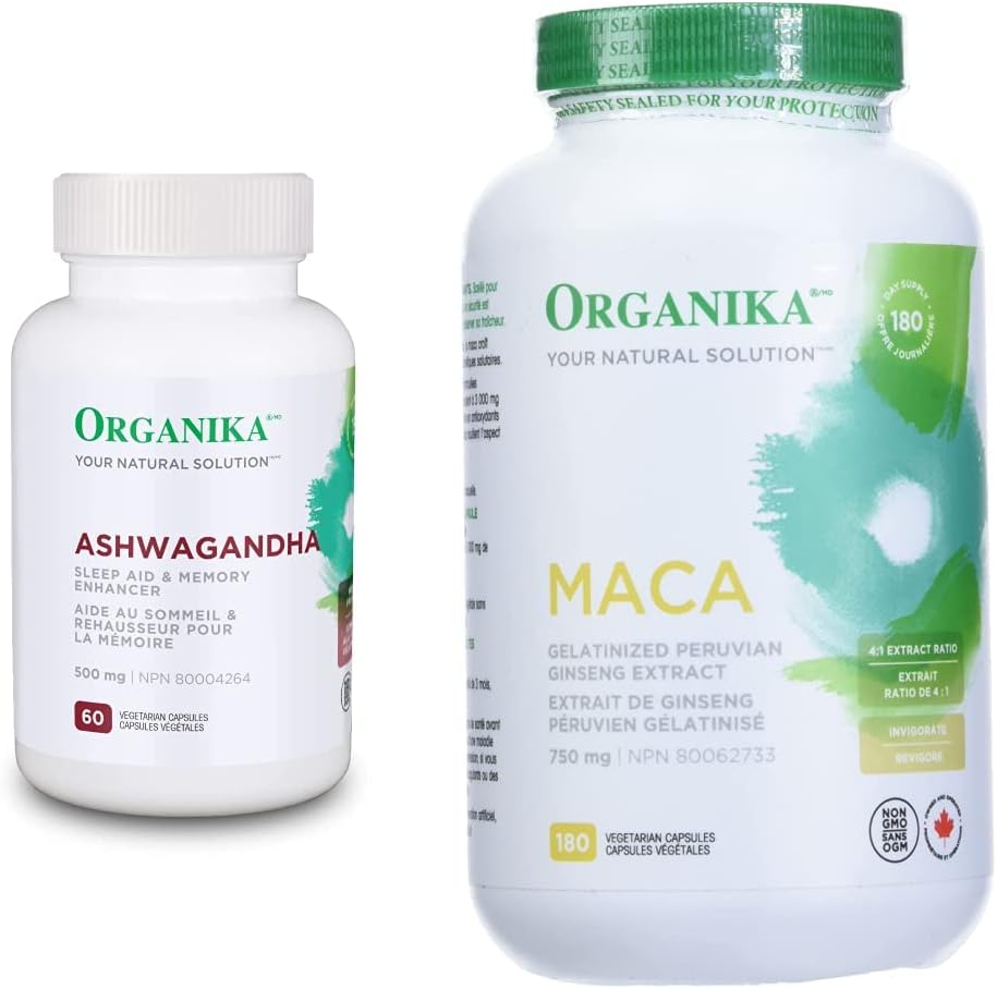 Organika Ashwagandha Stress Relief, Sleep Aid, Mood Enhancement + Organika Maca 4:1 Strength (3000mg) Hormone Balance & Energy Bundle