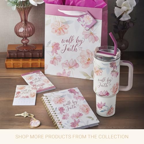 Image of Christian Art Gifts Inspirational Scripture Ceramic Coffee & Tea Mug for Women: Walk by Faith Encouraging Bible Verse, Shiny Foil Accents, Sturdy Handle, White & Pink Multicolor Floral, 14 oz.
