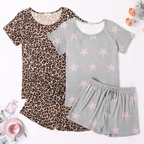 Ekouaer 2 Pack Womens Pajama Sets Short Sleeve Sleepwear Soft Crew Neck Pj Shorts Set Printed Loungewear Set S-XXL3