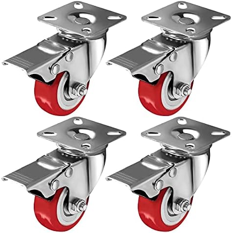 Online Best Service 4 Pack Caster Wheels Swivel Plate On Red Polyurethane Wheels (2 inch with Brake)