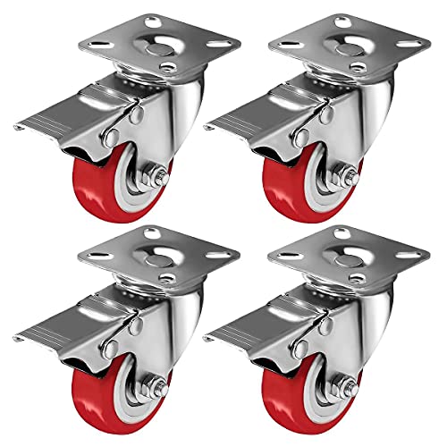 Online Best Service 4 Pack Caster Wheels Swivel Plate On Red Polyurethane Wheels (2 Inch With Brake) #TOP21