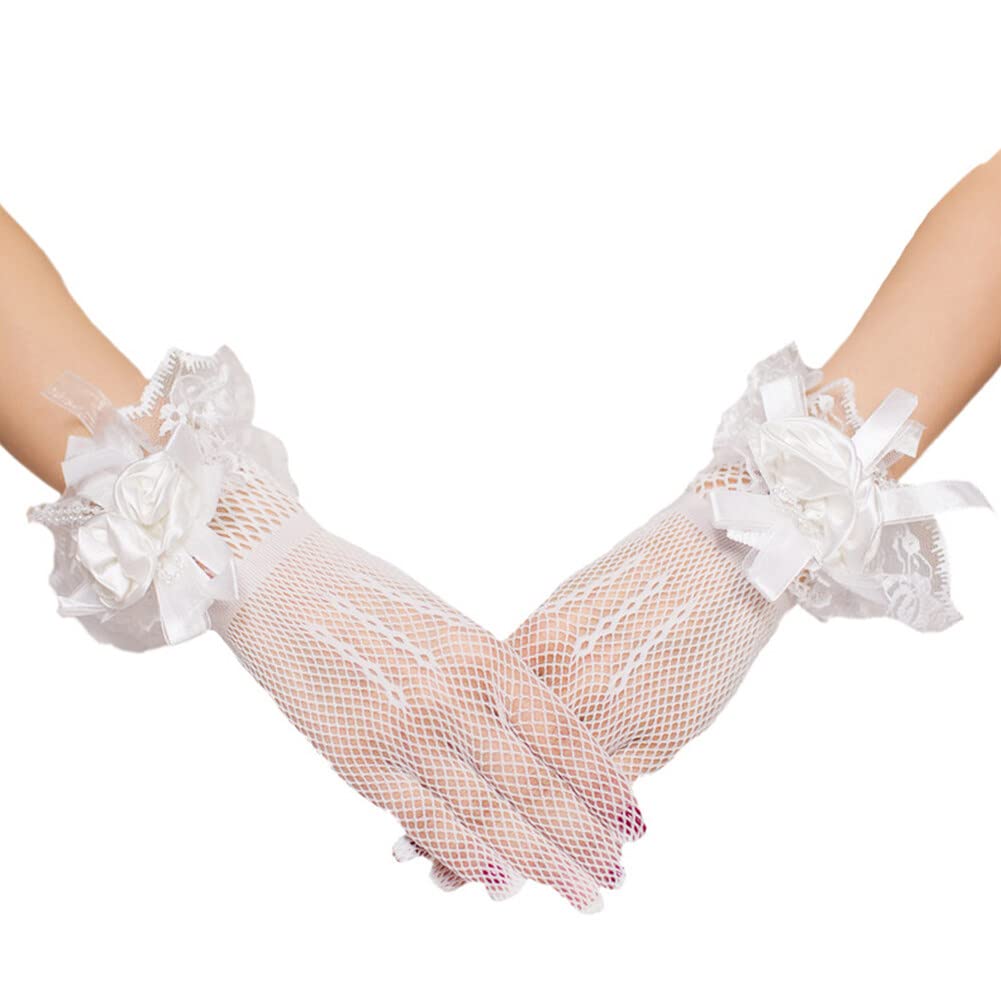 Bridal Gloves for Wedding, Short Lace Flower Bow Mesh Gloves for Women Tea Party Dance Gloves