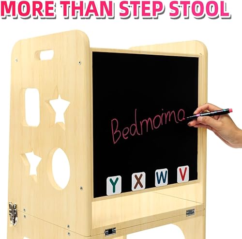 Miniatura 4 de Taburete de cocina para niños con barandilla de seguridad, construcción de madera maciza, taburete de aprendizaje para niños pequeños, taburete de