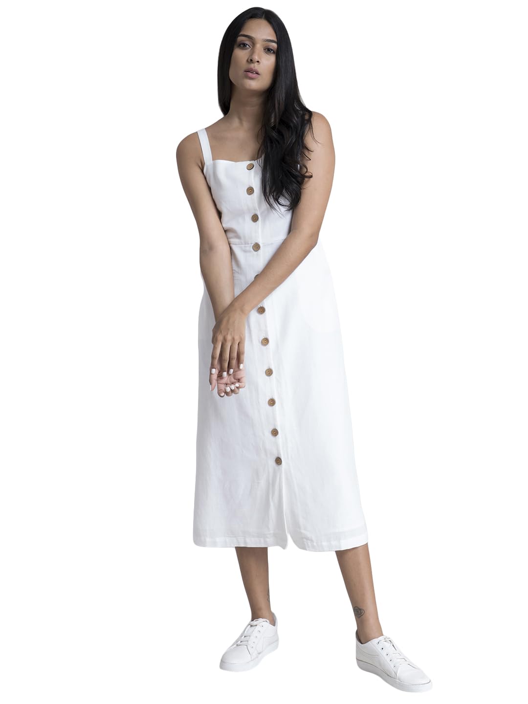 Women Cotton White Solid Button-Down A-Line Midi Dress-image-17