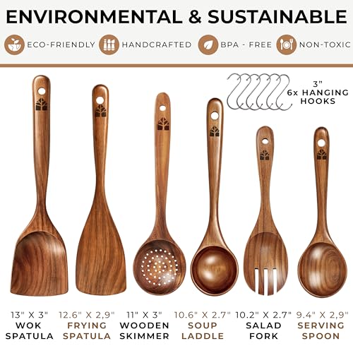 Image of Wooden Spoons for Cooking - 6 Pcs Premium Teak Wooden Utensil Set with Hooks - Durable, Nonstick Safe, Easy to Clean & Heat Resistant with Ergonomic Handles