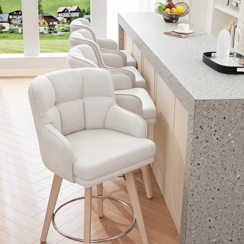 Butacos giratorios SAECKBERG de altura para barra con respaldo, patas de madera maciza de 26 pulgadas, sillas modernas para cocina o isla, tapizado en tela (beige, altura 26", juego de 2) miniatura 6