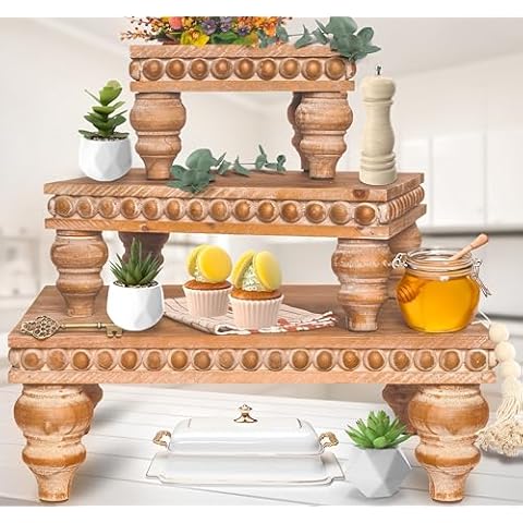 Felt Creative Home Goods Wooden Riser [Set of 3] Premium Farmhouse Risers | Beaded Wood Risers for Display | Handmade Wooden Risers for Decor | Vintage Tiered Stand | Decorative Footed Risers Cover