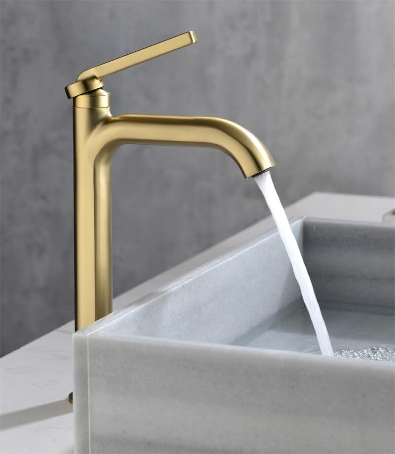 RBYRLDSTY Grifo de Lavabo de latón Macizo Dorado Cepillado, Grifo Mezclador for Fregadero, Grifo Monomando de Agua fría y Caliente, Grifo for Lavabo con Cubierta, Cromo Negro(Brush Gold Tall)