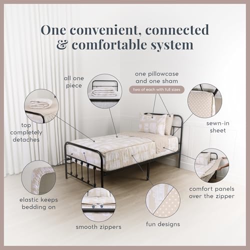 Image of Beddy's Construction & Fire Trucks Bedding Set for Kids - Full | Smooth-Glide Zippers, Easy To Make & Wash, Soft Durable Fabric, Tan with Stars Interior, Includes 2 Pillowcases & 2 Shams