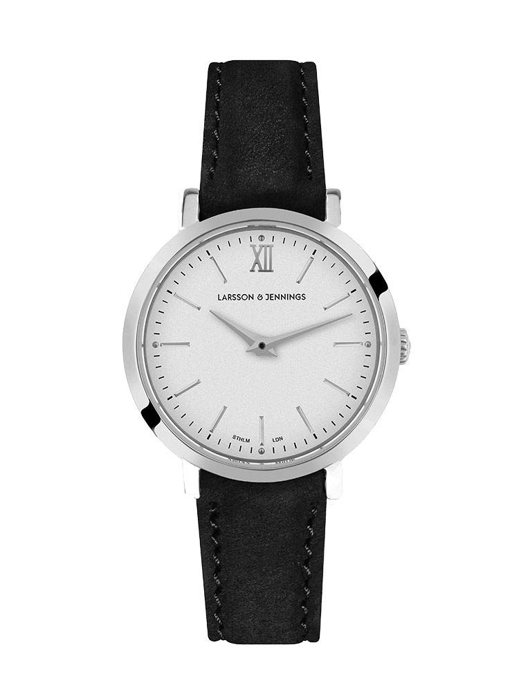 Larsson Jennings LJXII Unisex Lugano 26mm Silver/Satin White Dial Watch  with Black Genuine Leather Strap Business Casual Style Style Analogue