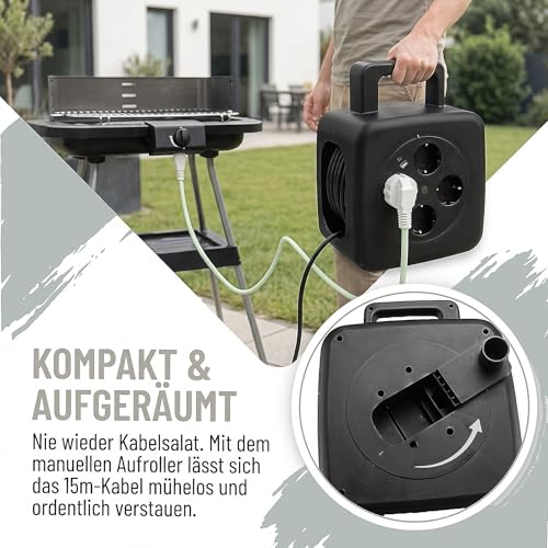 Enrouleur de câble 15m multiprise Schuko et chargeur USB C puissant 20W